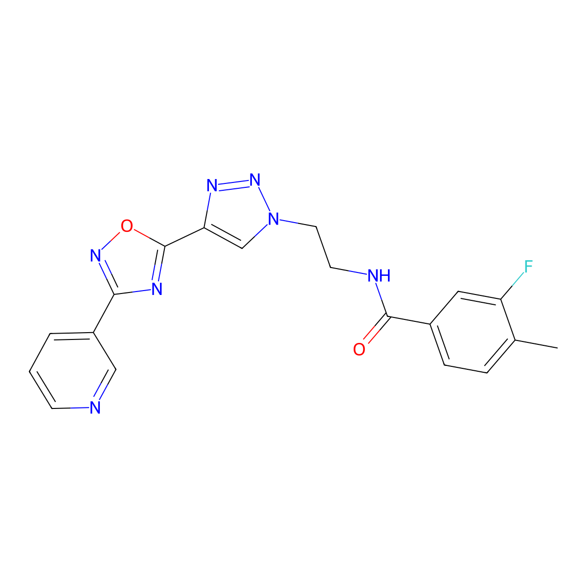 3-fluoro-4-methyl-N-(2-(4-(3-(pyridin-3-yl)-1,2,4-oxadiazol-5-yl)-1H-1,2,3-triazol-1-yl)ethyl)benzamide molecular structure, CAS 2034247-97-5