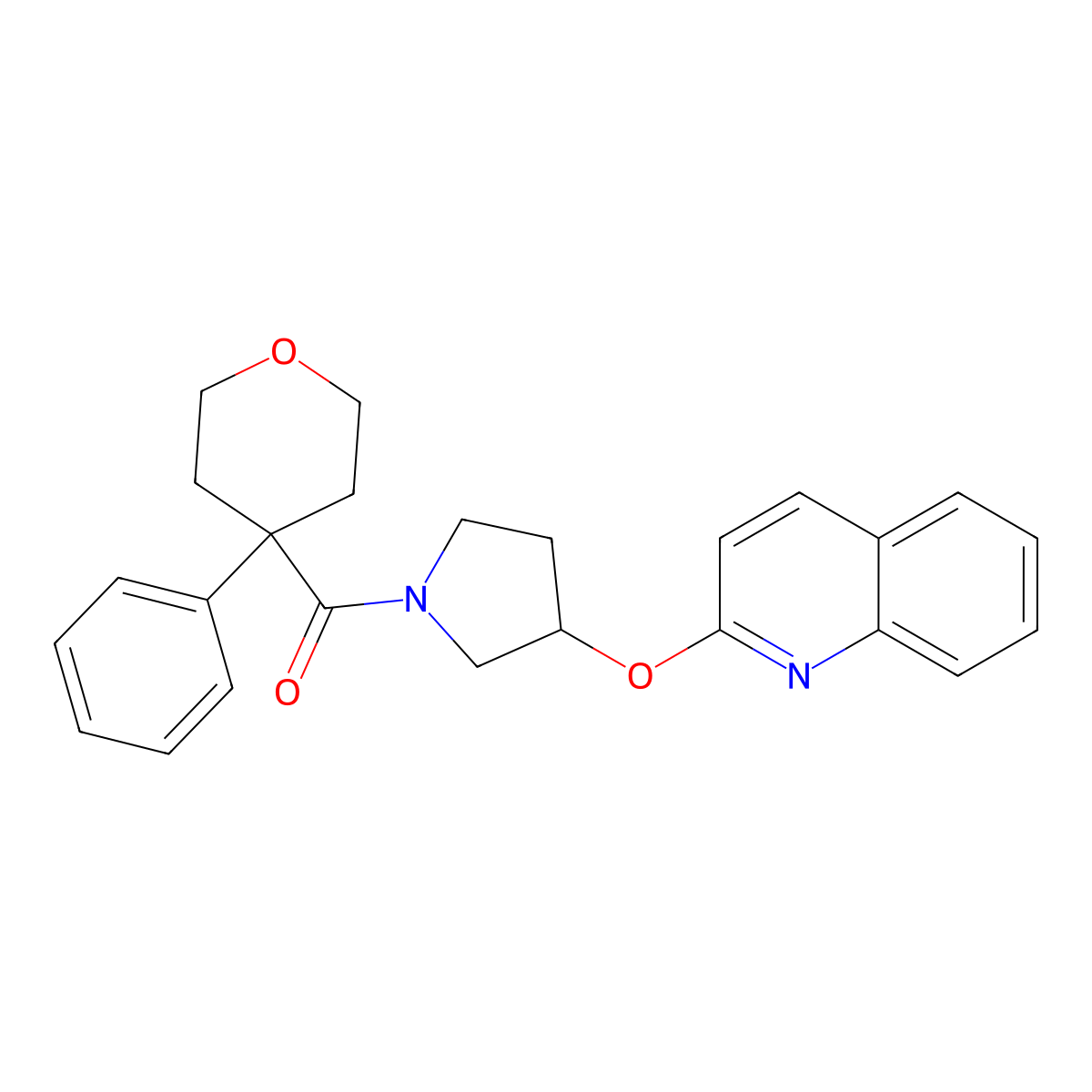 (4-phenyltetrahydro-2H-pyran-4-yl)(3-(quinolin-2-yloxy)pyrrolidin-1-yl)methanone molecular structure, CAS 2034248-00-3