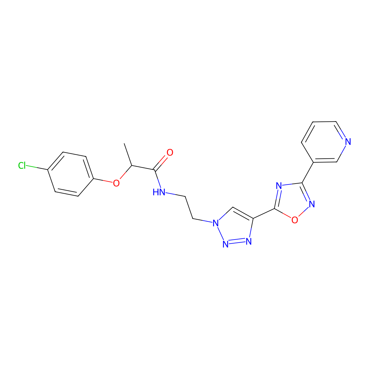 2-(4-chlorophenoxy)-N-(2-(4-(3-(pyridin-3-yl)-1,2,4-oxadiazol-5-yl)-1H-1,2,3-triazol-1-yl)ethyl)propanamide molecular structure, CAS 2034248-05-8
