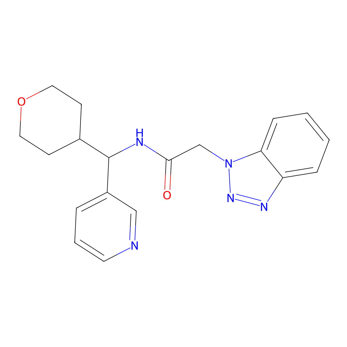 2-(1H-benzo[d][1,2,3]triazol-1-yl)-N-(pyridin-3-yl(tetrahydro-2H-pyran-4-yl)methyl)acetamide molecular structure, CAS 2034248-06-9