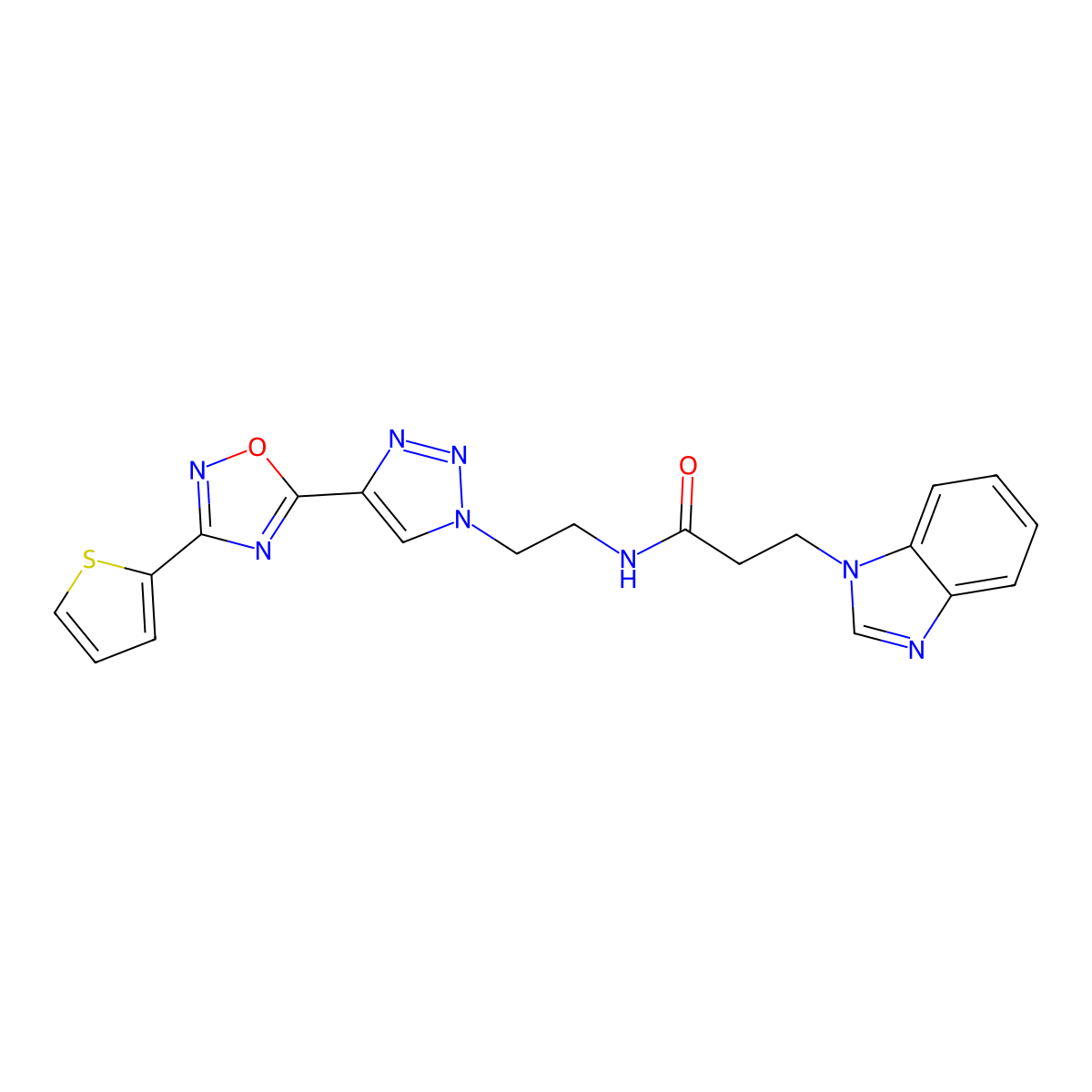 3-(1H-benzo[d]imidazol-1-yl)-N-(2-(4-(3-(thiophen-2-yl)-1,2,4-oxadiazol-5-yl)-1H-1,2,3-triazol-1-yl)ethyl)propanamide molecular structure, CAS 2034248-12-7