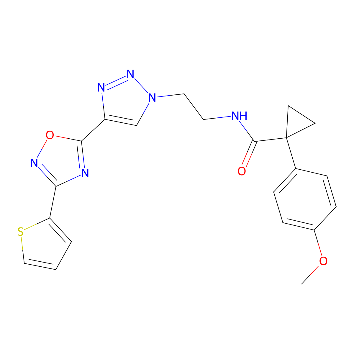 1-(4-methoxyphenyl)-N-(2-(4-(3-(thiophen-2-yl)-1,2,4-oxadiazol-5-yl)-1H-1,2,3-triazol-1-yl)ethyl)cyclopropanecarboxamide molecular structure, CAS 2034248-18-3