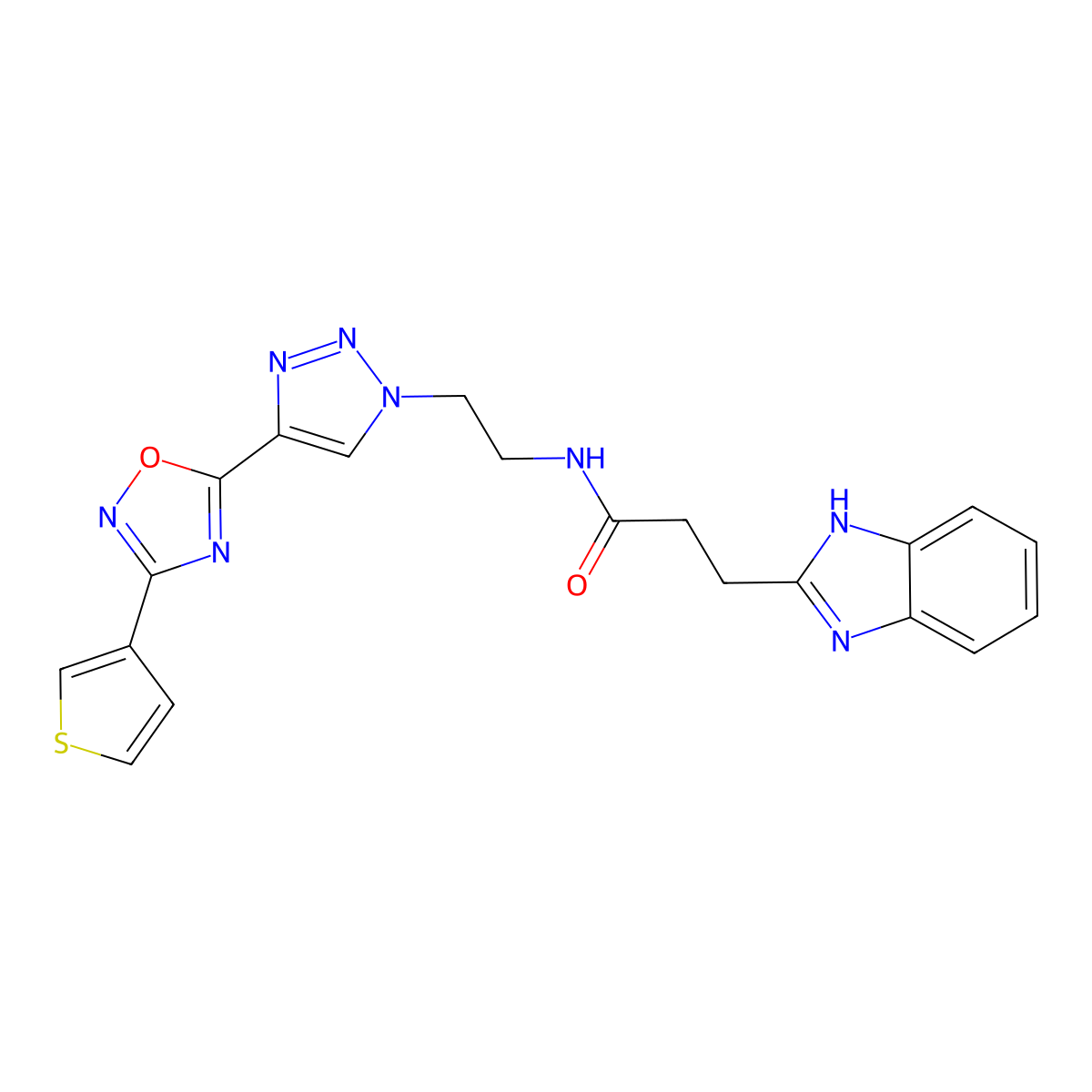 3-(1H-benzo[d]imidazol-2-yl)-N-(2-(4-(3-(thiophen-3-yl)-1,2,4-oxadiazol-5-yl)-1H-1,2,3-triazol-1-yl)ethyl)propanamide molecular structure, CAS 2034248-34-3