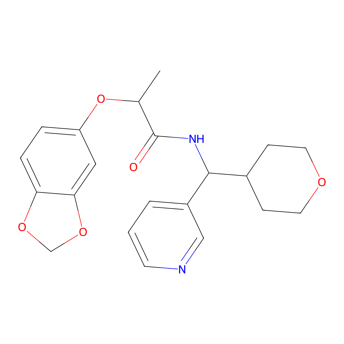 2-(benzo[d][1,3]dioxol-5-yloxy)-N-(pyridin-3-yl(tetrahydro-2H-pyran-4-yl)methyl)propanamide molecular structure, CAS 2034248-37-6