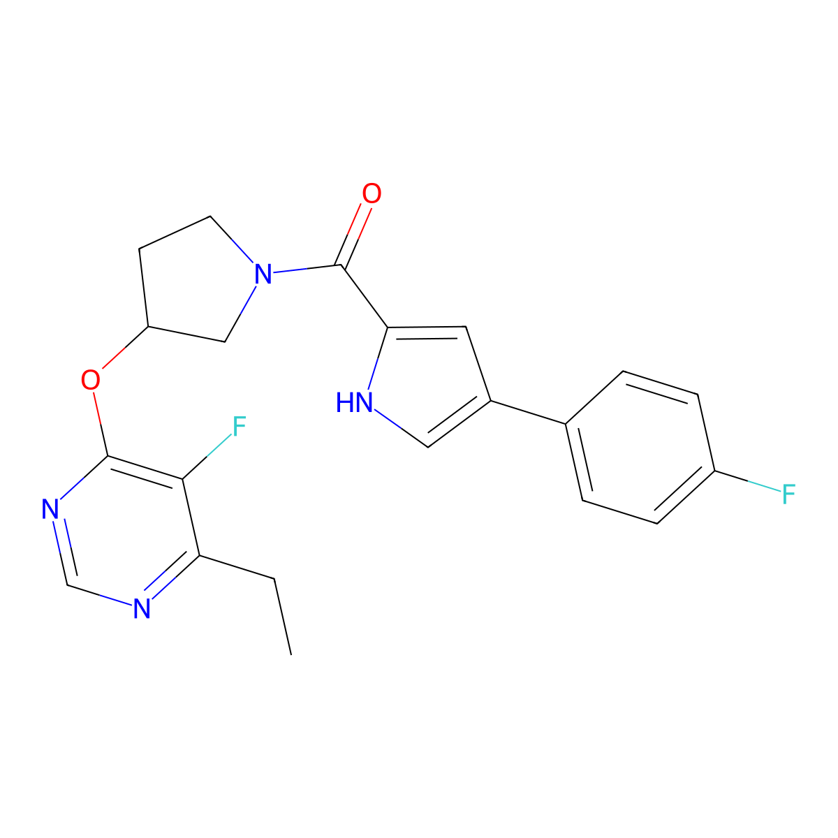 (3-((6-ethyl-5-fluoropyrimidin-4-yl)oxy)pyrrolidin-1-yl)(4-(4-fluorophenyl)-1H-pyrrol-2-yl)methanone molecular structure, CAS 2034248-48-9