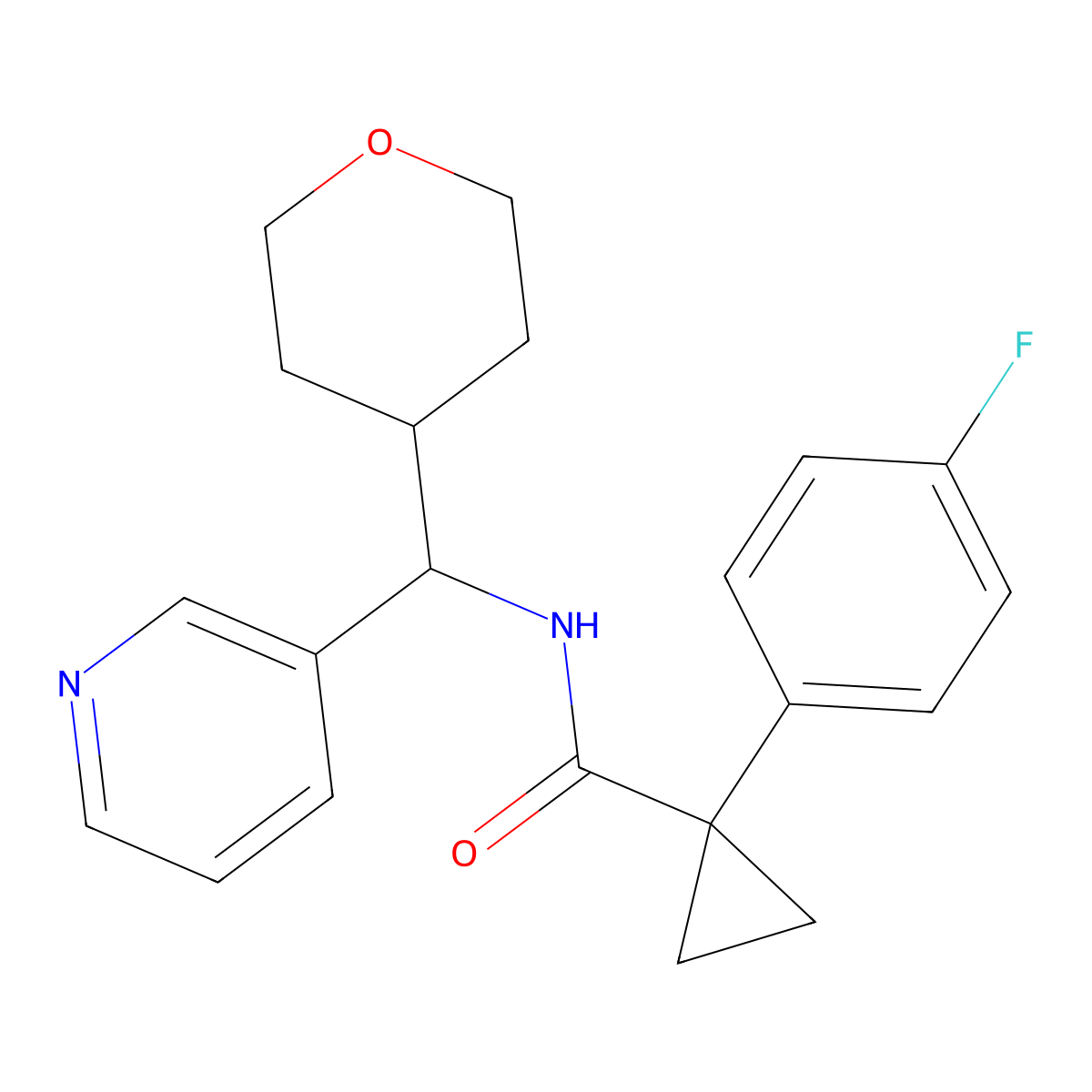1-(4-fluorophenyl)-N-(pyridin-3-yl(tetrahydro-2H-pyran-4-yl)methyl)cyclopropanecarboxamide molecular structure, CAS 2034248-50-3