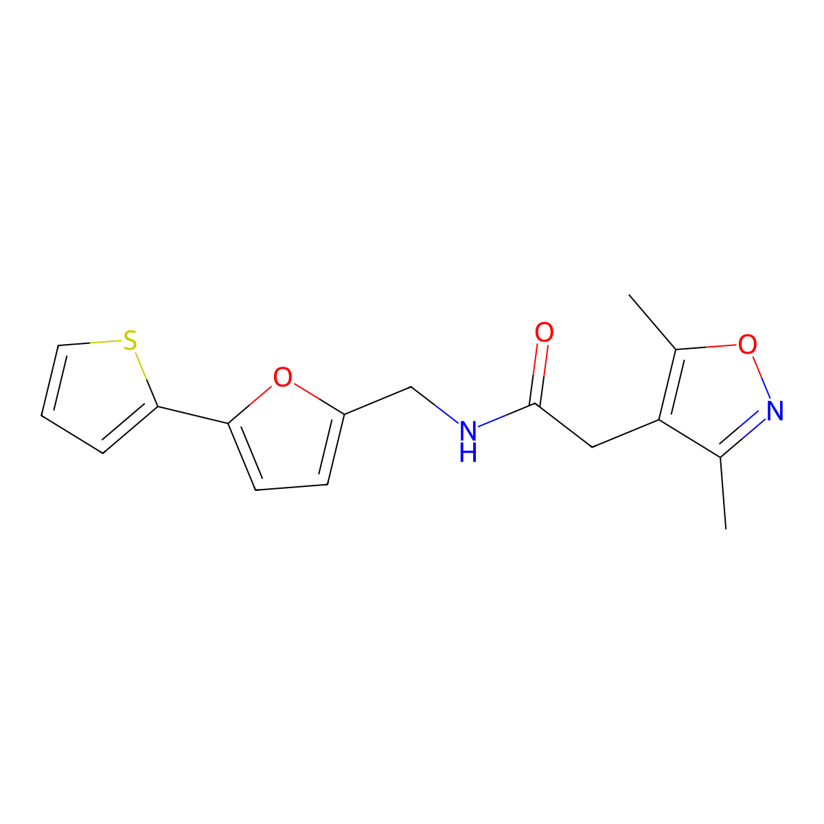 2-(3,5-dimethylisoxazol-4-yl)-N-((5-(thiophen-2-yl)furan-2-yl)methyl)acetamide molecular structure, CAS 2034248-65-0