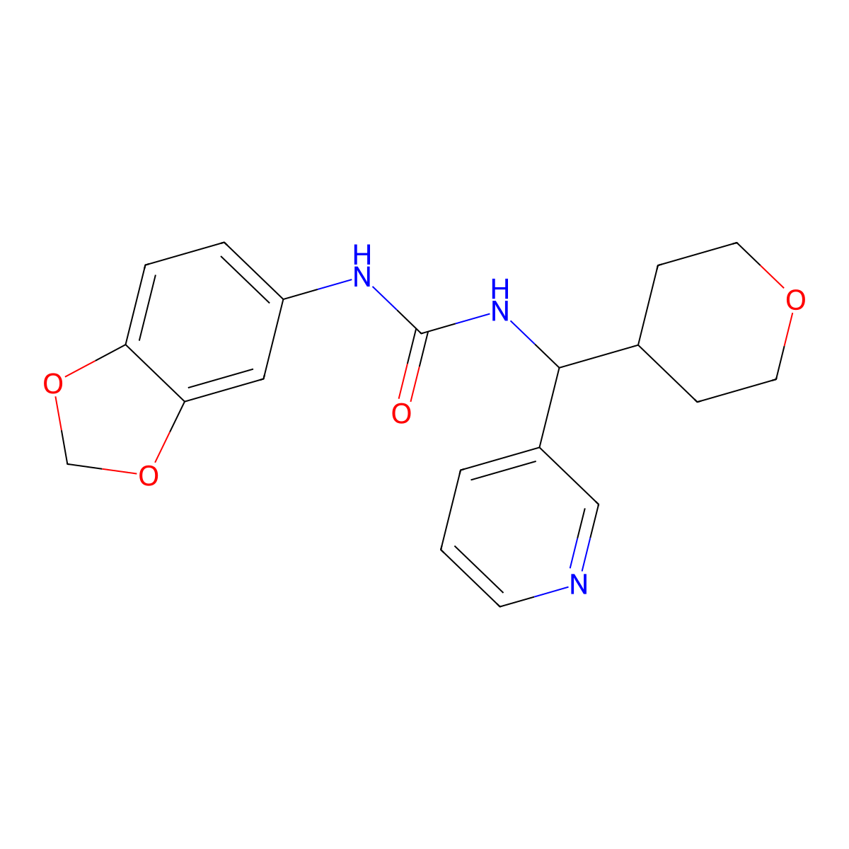 1-(benzo[d][1,3]dioxol-5-yl)-3-(pyridin-3-yl(tetrahydro-2H-pyran-4-yl)methyl)urea molecular structure, CAS 2034248-73-0
