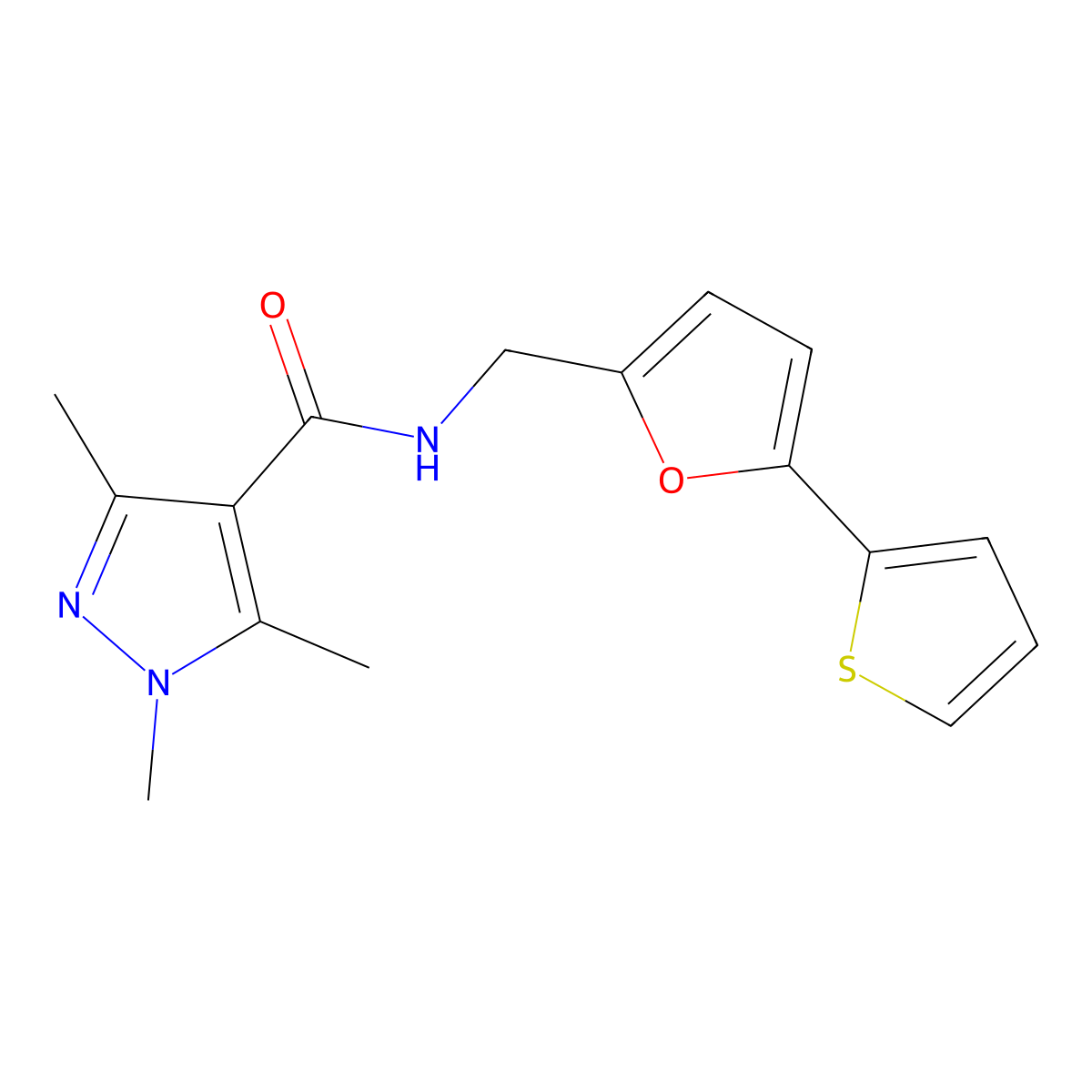 1,3,5-trimethyl-N-((5-(thiophen-2-yl)furan-2-yl)methyl)-1H-pyrazole-4-carboxamide molecular structure, CAS 2034248-76-3