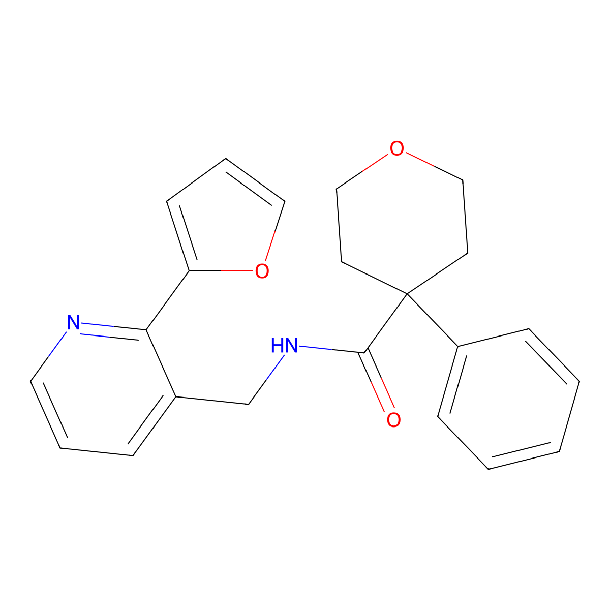 N-((2-(furan-2-yl)pyridin-3-yl)methyl)-4-phenyltetrahydro-2H-pyran-4-carboxamide molecular structure, CAS 2034248-83-2