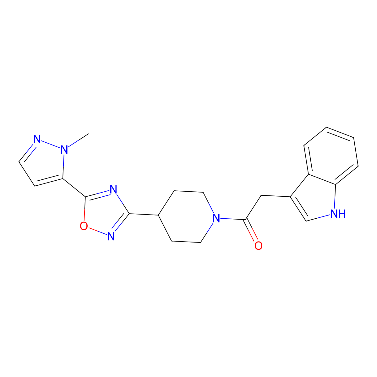 2-(1H-indol-3-yl)-1-(4-(5-(1-methyl-1H-pyrazol-5-yl)-1,2,4-oxadiazol-3-yl)piperidin-1-yl)ethanone molecular structure, CAS 2034248-98-9