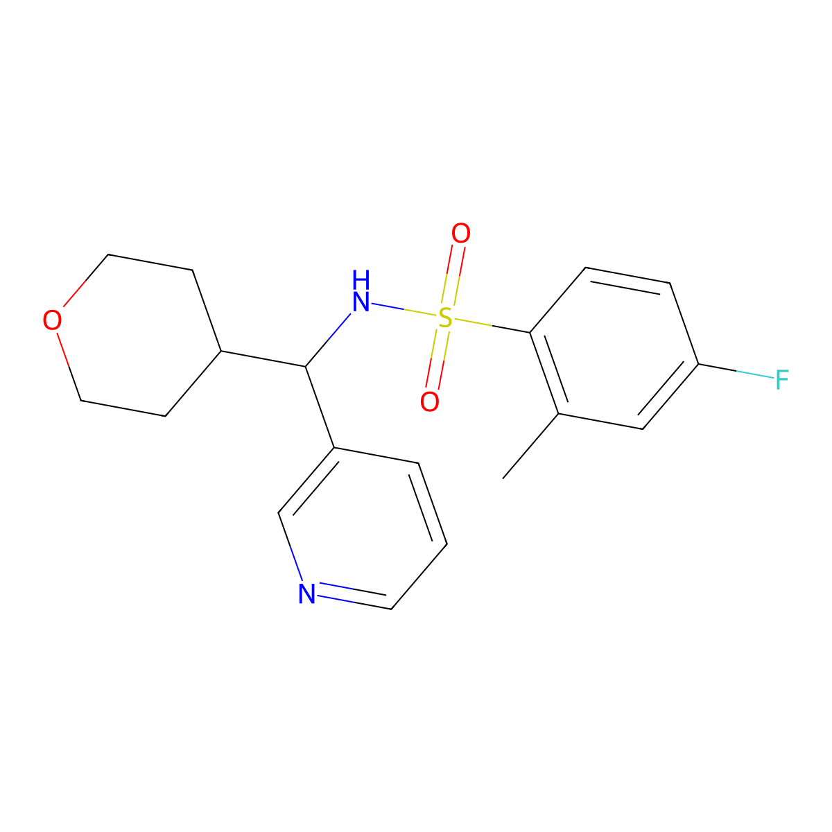 4-fluoro-2-methyl-N-(pyridin-3-yl(tetrahydro-2H-pyran-4-yl)methyl)benzenesulfonamide molecular structure, CAS 2034249-03-9