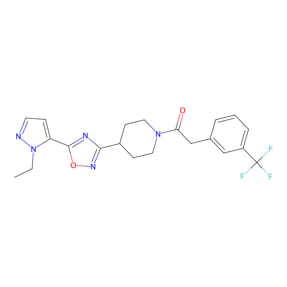 1-(4-(5-(1-ethyl-1H-pyrazol-5-yl)-1,2,4-oxadiazol-3-yl)piperidin-1-yl)-2-(3-(trifluoromethyl)phenyl)ethanone molecular structure, CAS 2034249-05-1