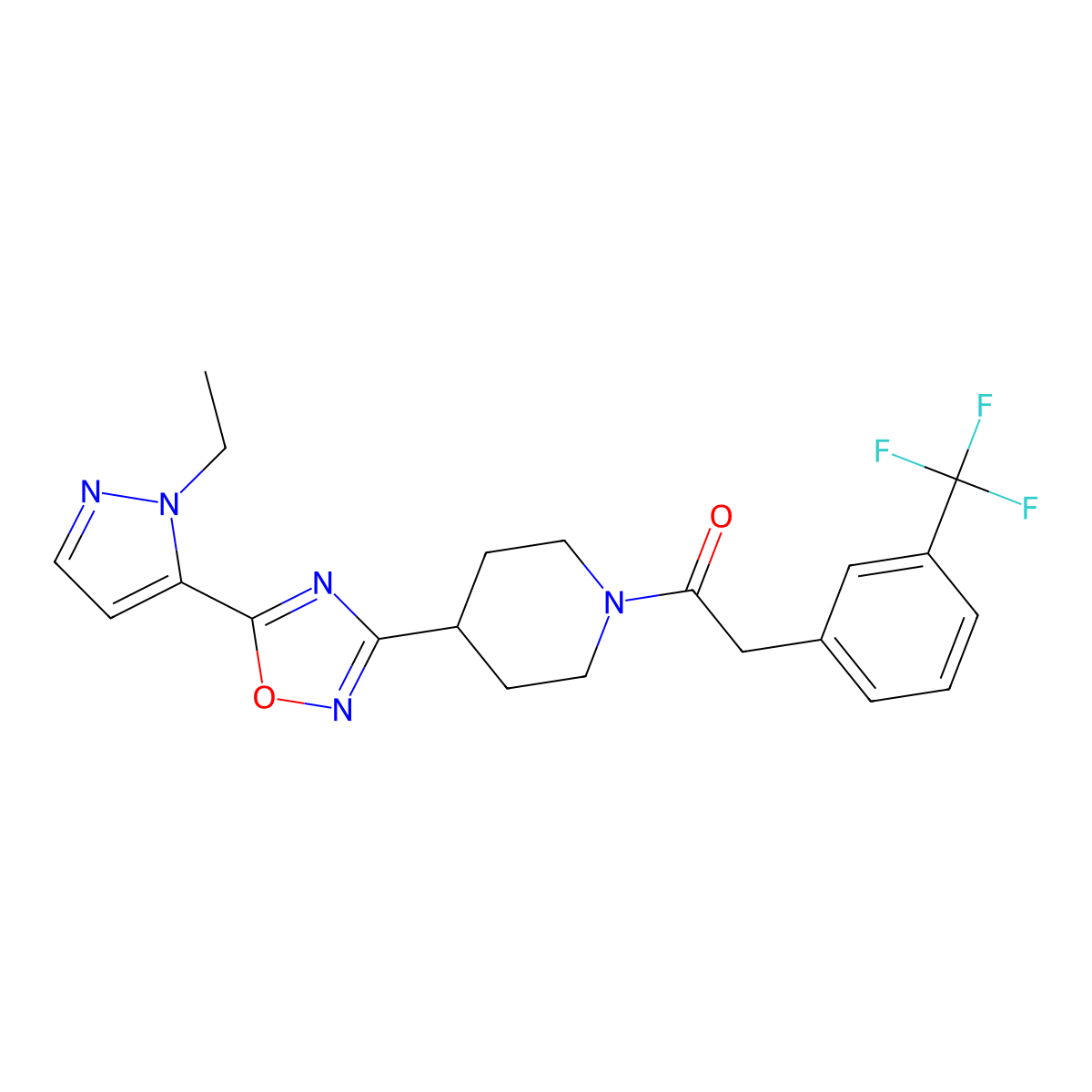 1-(4-(5-(1-ethyl-1H-pyrazol-5-yl)-1,2,4-oxadiazol-3-yl)piperidin-1-yl)-2-(3-(trifluoromethyl)phenyl)ethanone molecular structure, CAS 2034249-05-1