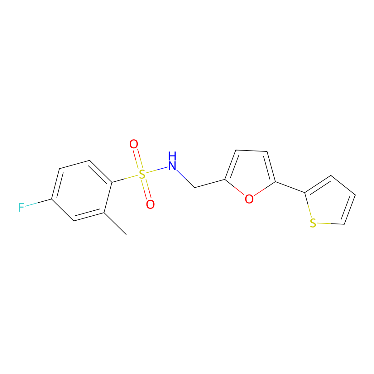 4-fluoro-2-methyl-N-((5-(thiophen-2-yl)furan-2-yl)methyl)benzenesulfonamide molecular structure, CAS 2034249-08-4