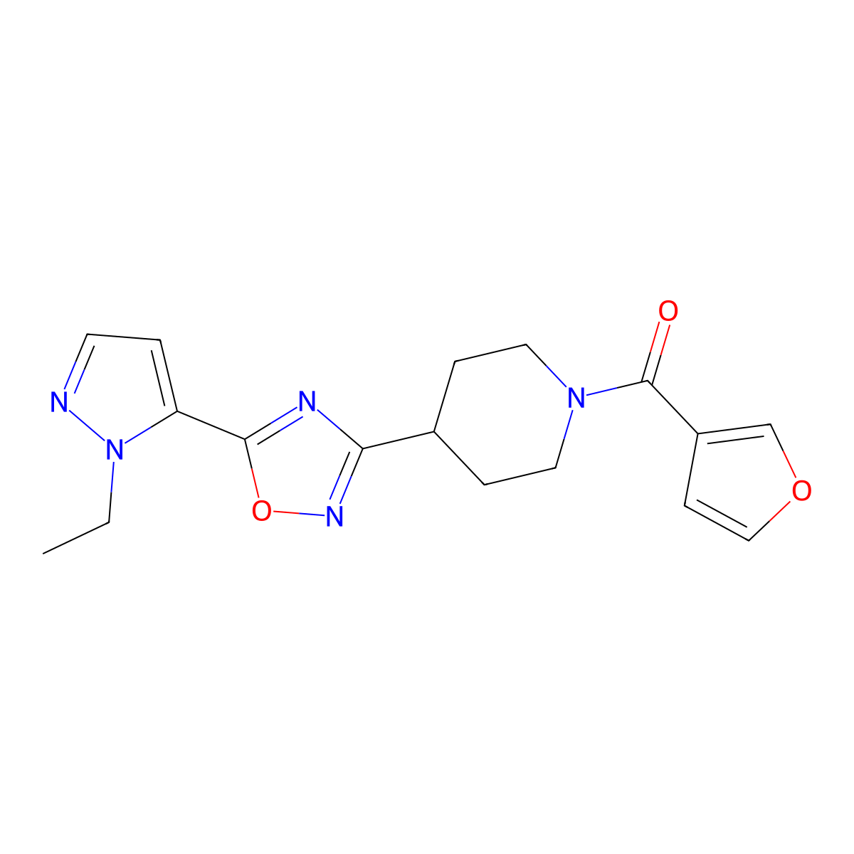 (4-(5-(1-ethyl-1H-pyrazol-5-yl)-1,2,4-oxadiazol-3-yl)piperidin-1-yl)(furan-3-yl)methanone molecular structure, CAS 2034249-10-8