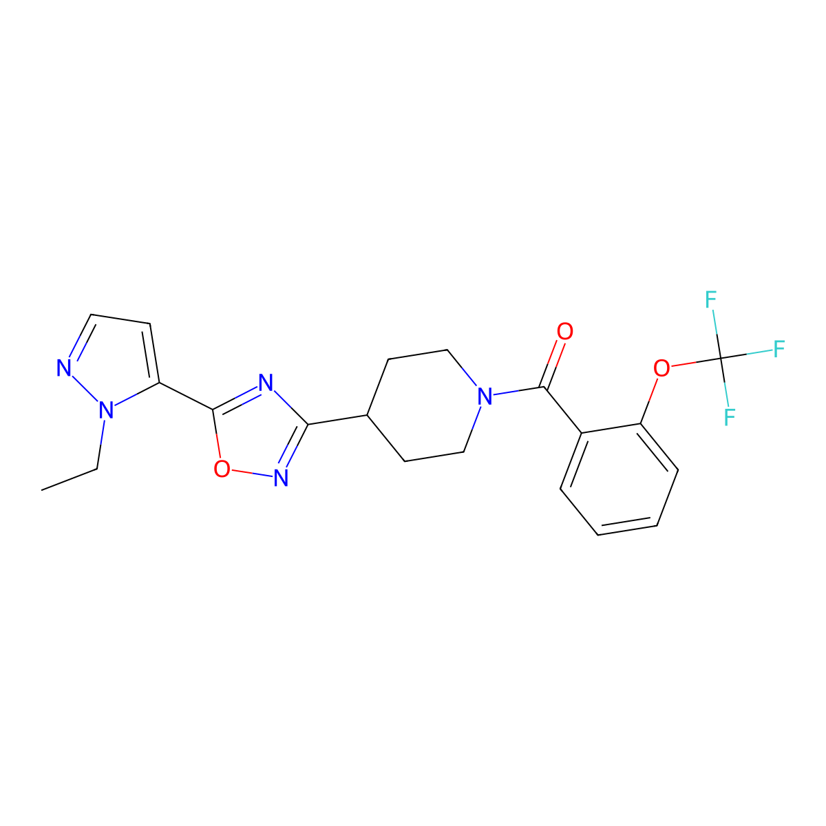 (4-(5-(1-ethyl-1H-pyrazol-5-yl)-1,2,4-oxadiazol-3-yl)piperidin-1-yl)(2-(trifluoromethoxy)phenyl)methanone molecular structure, CAS 2034249-15-3