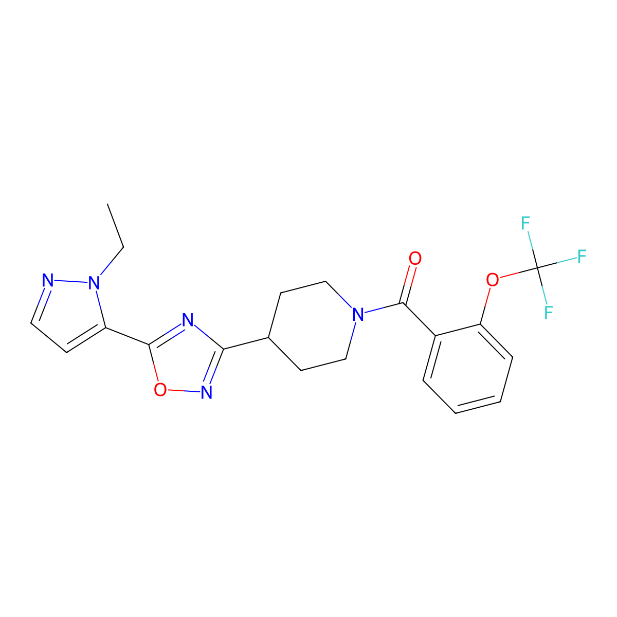 (4-(5-(1-ethyl-1H-pyrazol-5-yl)-1,2,4-oxadiazol-3-yl)piperidin-1-yl)(2-(trifluoromethoxy)phenyl)methanone molecular structure, CAS 2034249-15-3