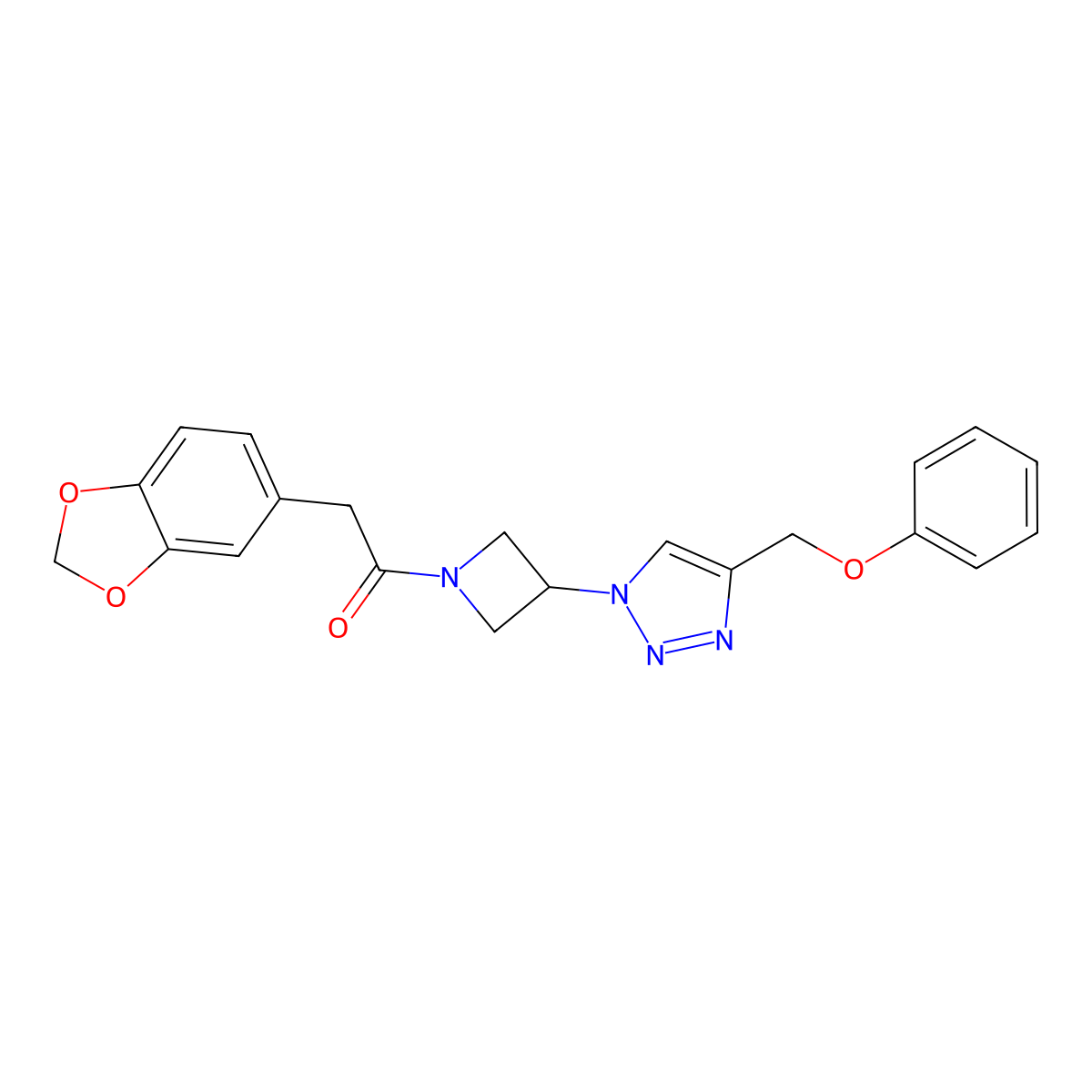 2-(benzo[d][1,3]dioxol-5-yl)-1-(3-(4-(phenoxymethyl)-1H-1,2,3-triazol-1-yl)azetidin-1-yl)ethanone molecular structure, CAS 2034249-20-0