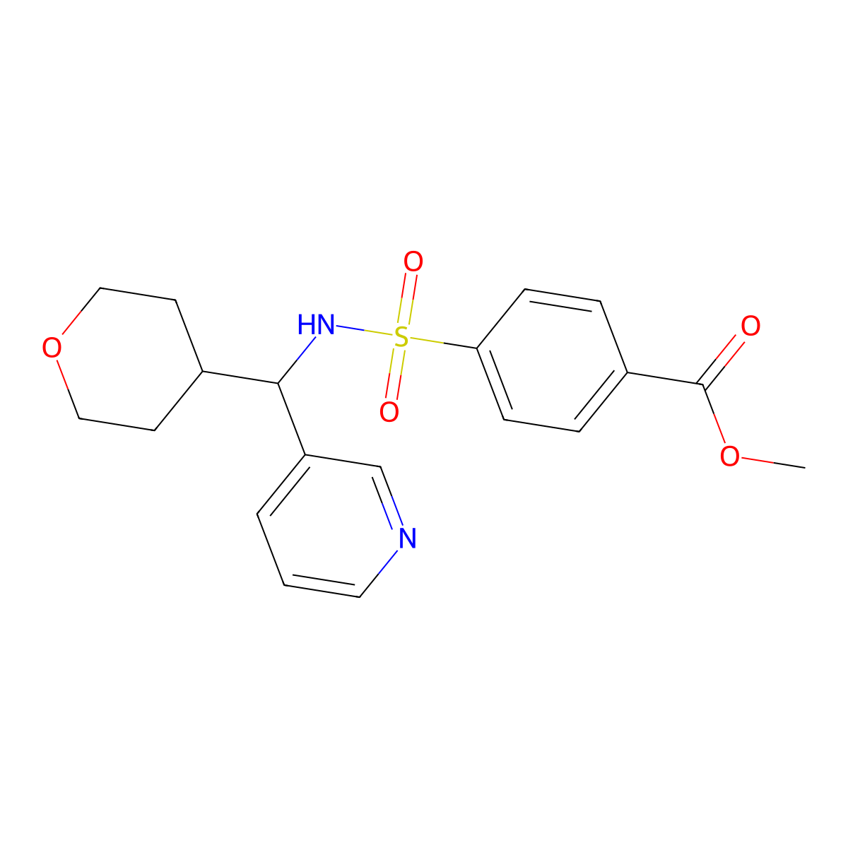 methyl 4-(N-(pyridin-3-yl(tetrahydro-2H-pyran-4-yl)methyl)sulfamoyl)benzoate molecular structure, CAS 2034249-24-4
