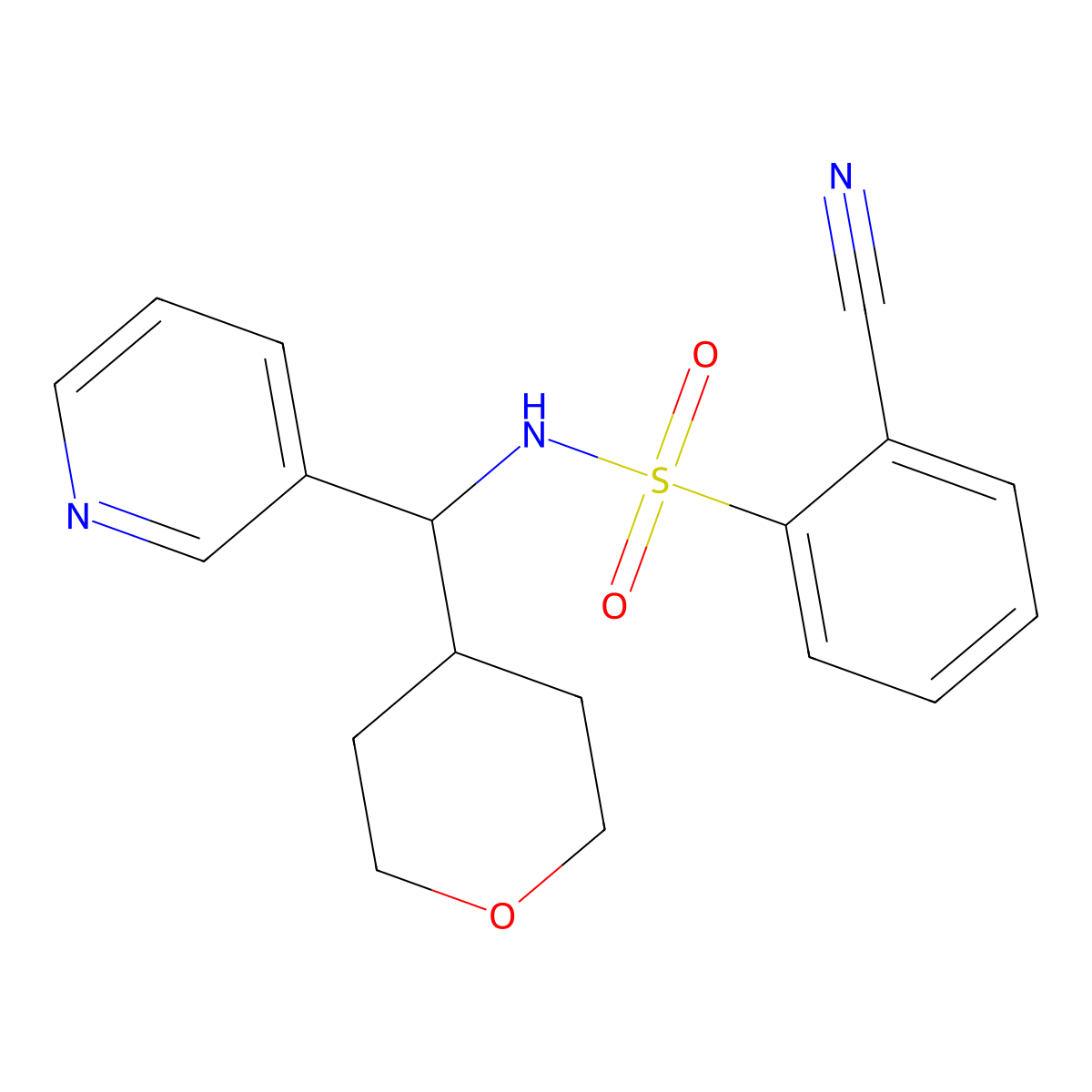 2-cyano-N-(pyridin-3-yl(tetrahydro-2H-pyran-4-yl)methyl)benzenesulfonamide molecular structure, CAS 2034249-38-0
