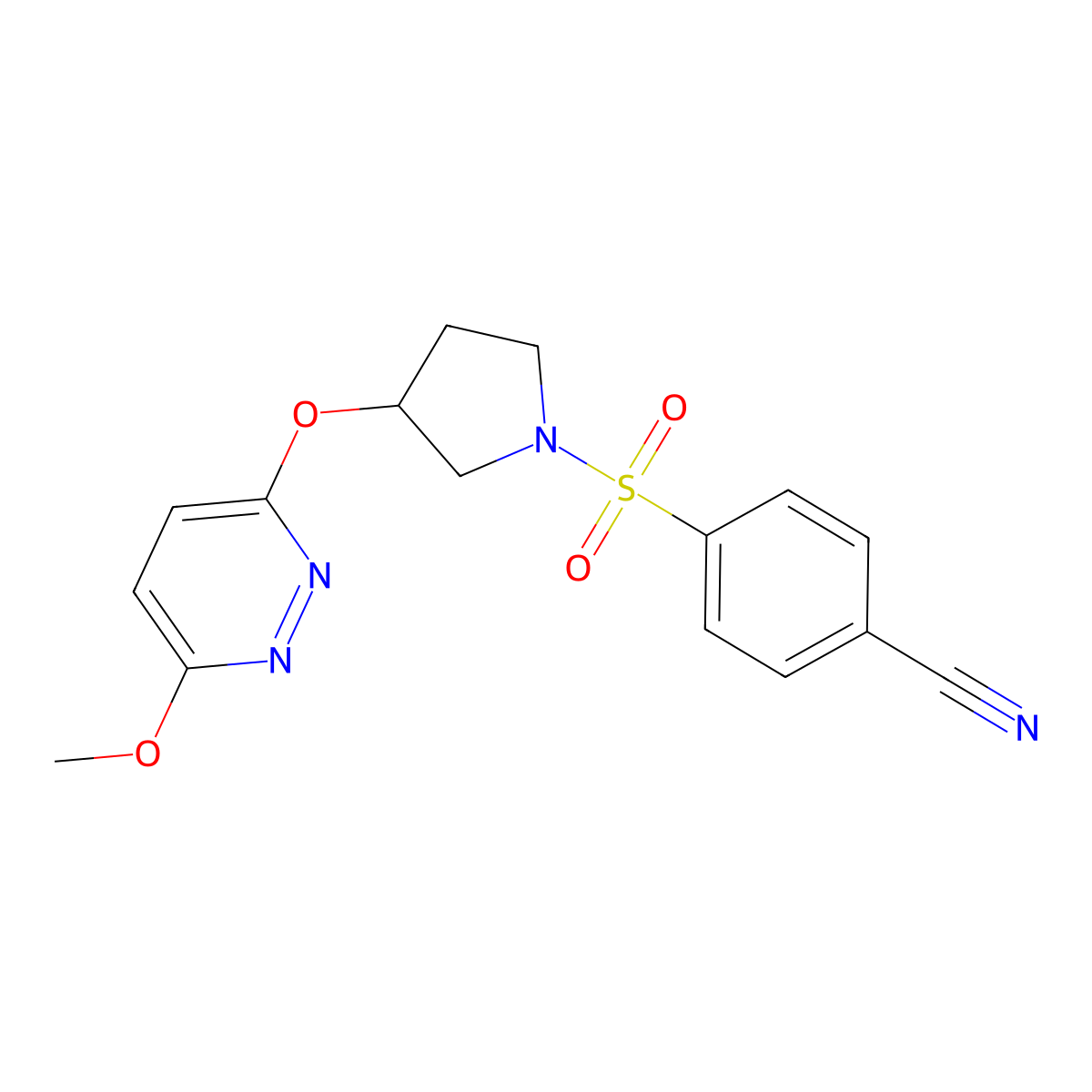 4-({3-[(6-Methoxypyridazin-3-yl)oxy]pyrrolidin-1-yl}sulfonyl)benzonitrile molecular structure, CAS 2034249-54-0