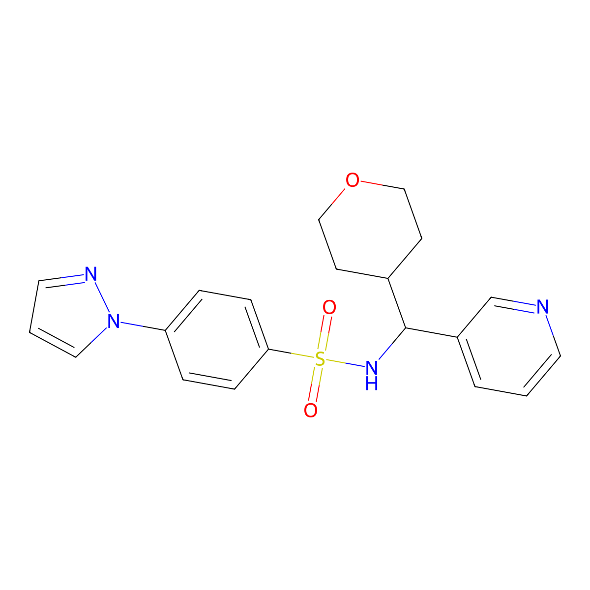 4-(1H-pyrazol-1-yl)-N-(pyridin-3-yl(tetrahydro-2H-pyran-4-yl)methyl)benzenesulfonamide molecular structure, CAS 2034249-64-2