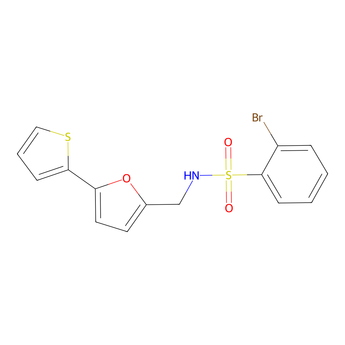 2-bromo-N-((5-(thiophen-2-yl)furan-2-yl)methyl)benzenesulfonamide molecular structure, CAS 2034249-74-4
