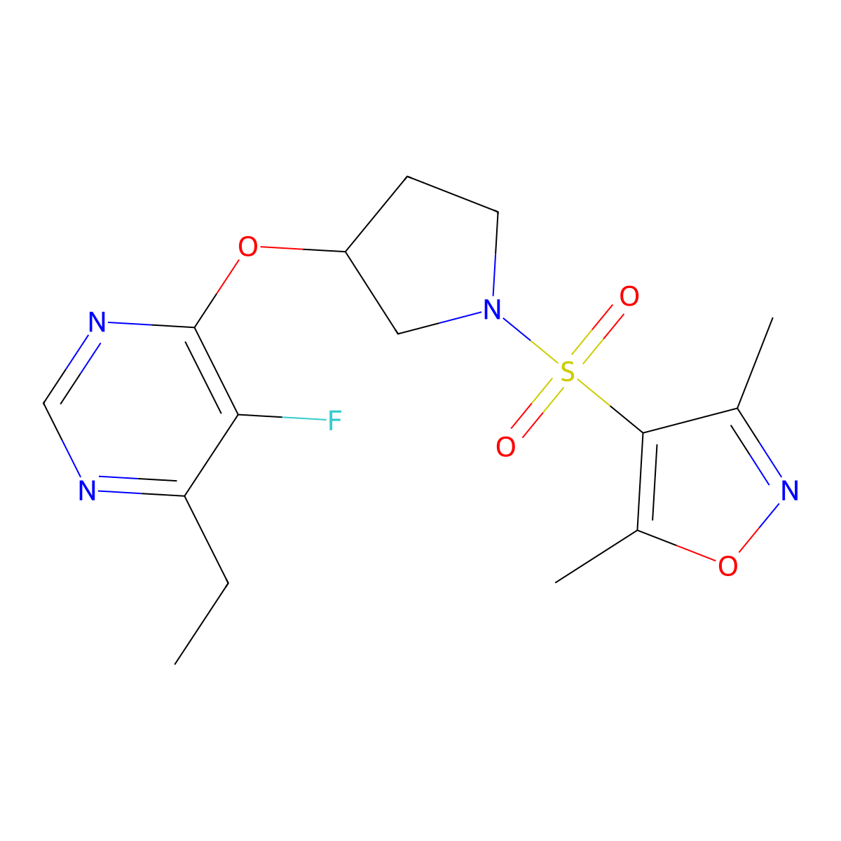 4-((3-((6-Ethyl-5-fluoropyrimidin-4-yl)oxy)pyrrolidin-1-yl)sulfonyl)-3,5-dimethylisoxazole molecular structure, CAS 2034249-82-4