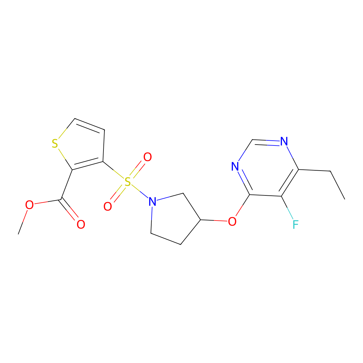 Methyl 3-((3-((6-ethyl-5-fluoropyrimidin-4-yl)oxy)pyrrolidin-1-yl)sulfonyl)thiophene-2-carboxylate molecular structure, CAS 2034250-11-6