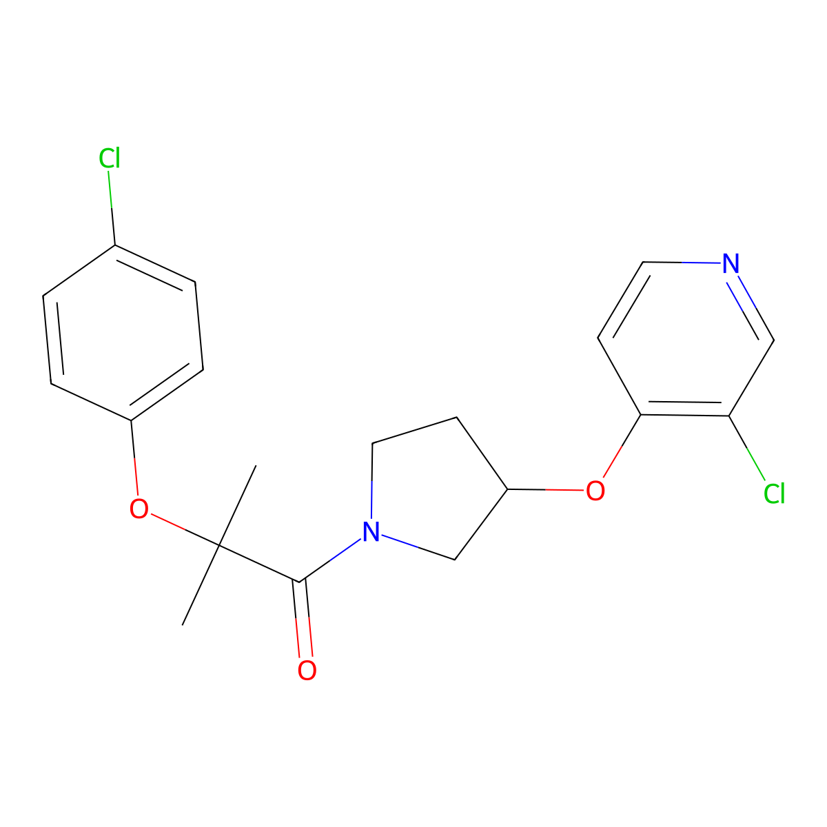 2-(4-Chlorophenoxy)-1-(3-((3-chloropyridin-4-yl)oxy)pyrrolidin-1-yl)-2-methylpropan-1-one molecular structure, CAS 2034250-23-0
