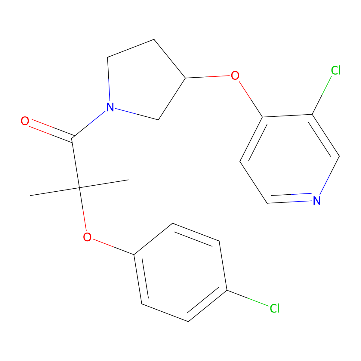 2-(4-Chlorophenoxy)-1-(3-((3-chloropyridin-4-yl)oxy)pyrrolidin-1-yl)-2-methylpropan-1-one molecular structure, CAS 2034250-23-0