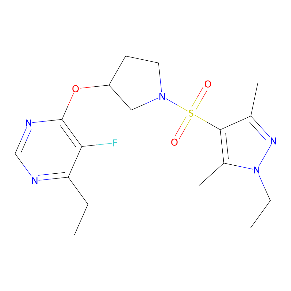 4-ethyl-6-((1-((1-ethyl-3,5-dimethyl-1H-pyrazol-4-yl)sulfonyl)pyrrolidin-3-yl)oxy)-5-fluoropyrimidine molecular structure, CAS 2034250-29-6