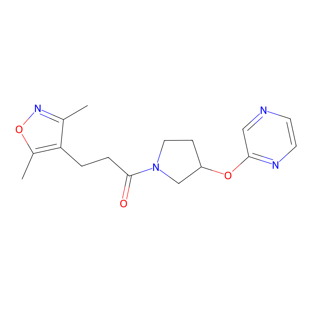 3-(3,5-Dimethylisoxazol-4-yl)-1-(3-(pyrazin-2-yloxy)pyrrolidin-1-yl)propan-1-one molecular structure, CAS 2034250-64-9