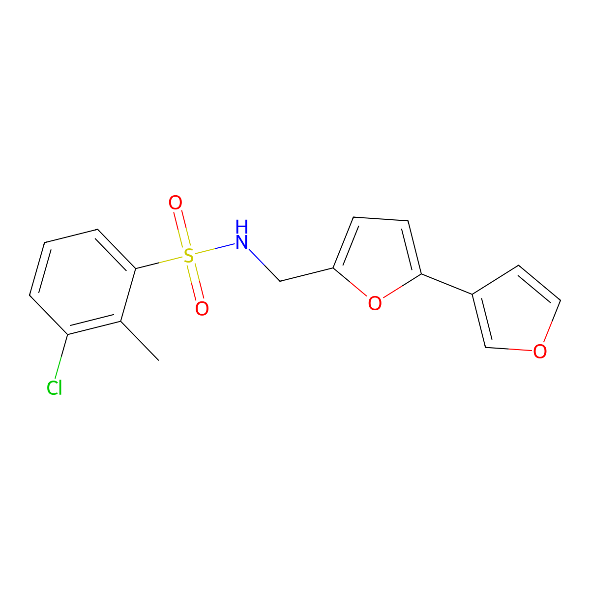 N-([2,3'-bifuran]-5-ylmethyl)-3-chloro-2-methylbenzenesulfonamide molecular structure, CAS 2034250-76-3