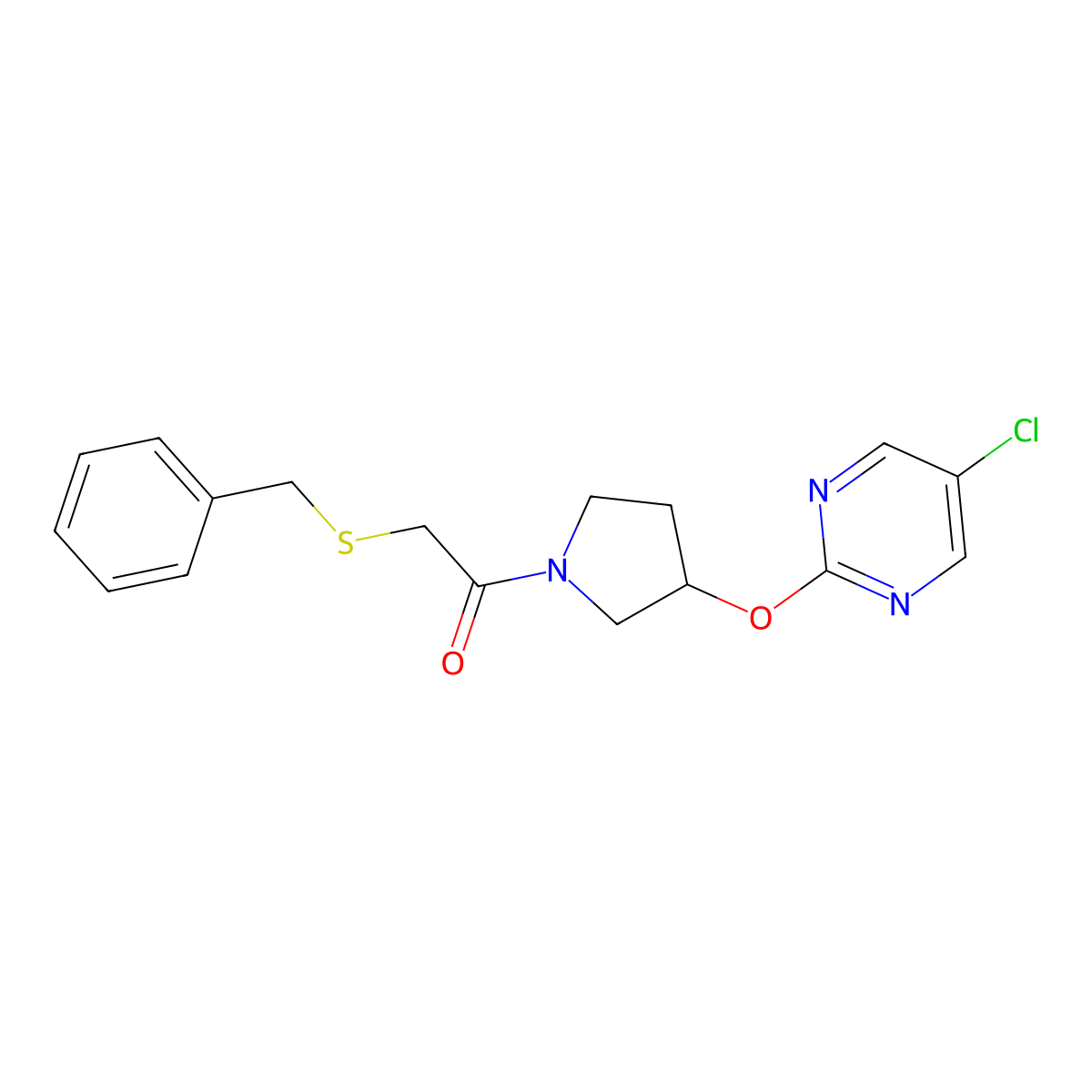 2-(Benzylsulfanyl)-1-{3-[(5-chloropyrimidin-2-yl)oxy]pyrrolidin-1-yl}ethan-1-one molecular structure, CAS 2034250-87-6