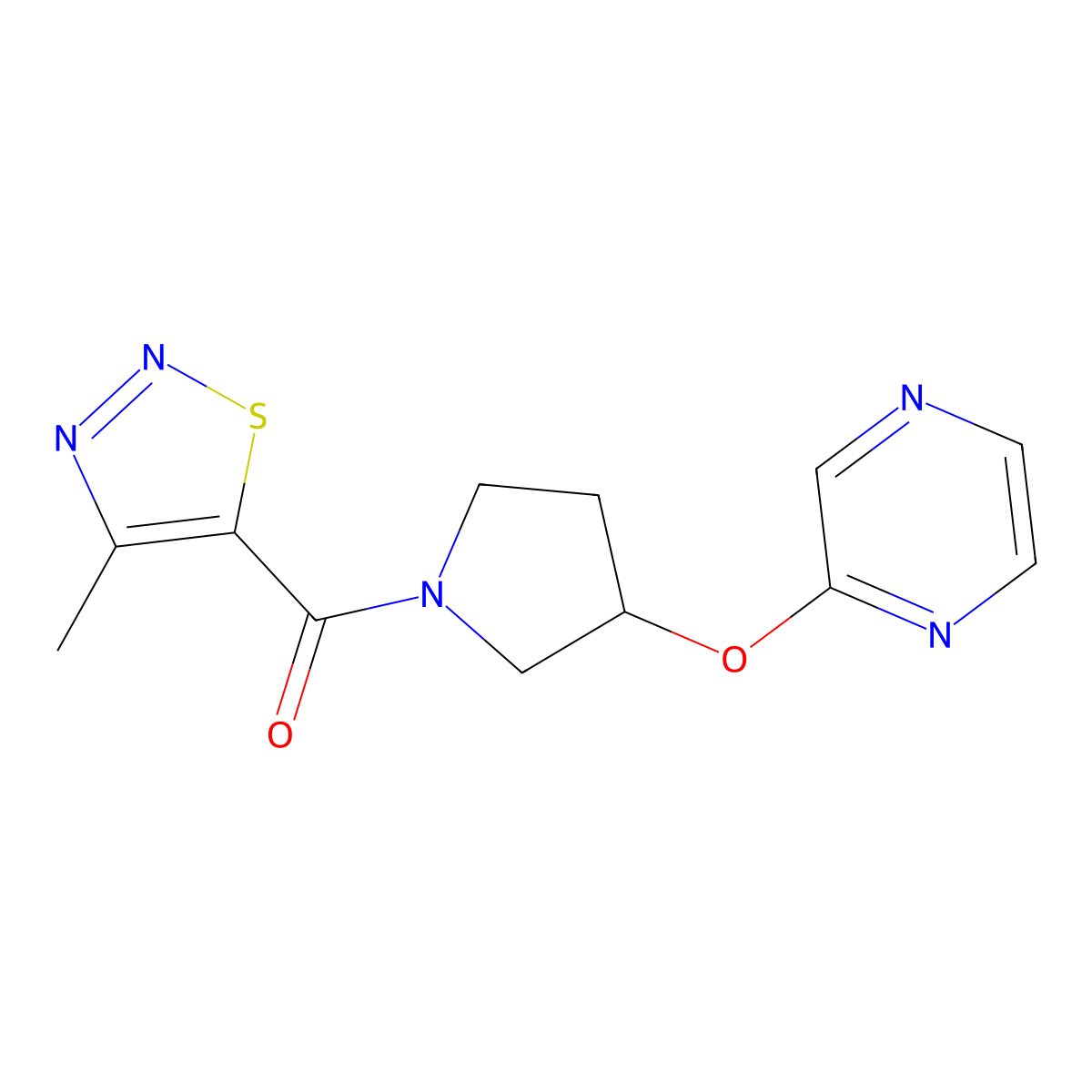 (4-Methyl-1,2,3-thiadiazol-5-yl)(3-(pyrazin-2-yloxy)pyrrolidin-1-yl)methanone molecular structure, CAS 2034251-04-0