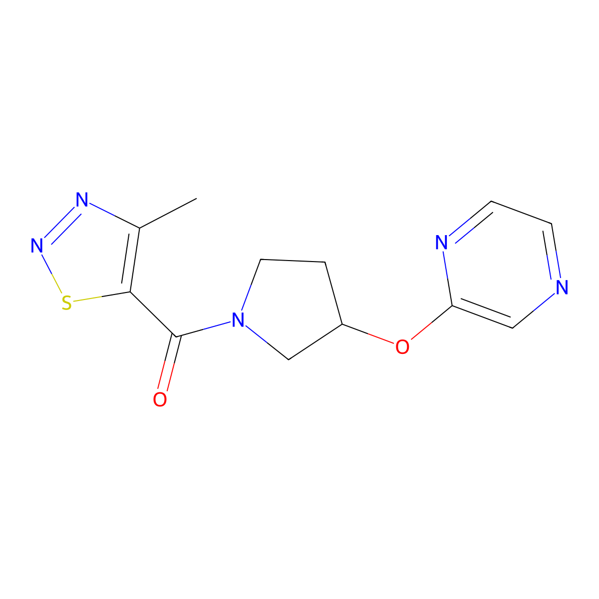 (4-Methyl-1,2,3-thiadiazol-5-yl)(3-(pyrazin-2-yloxy)pyrrolidin-1-yl)methanone molecular structure, CAS 2034251-04-0