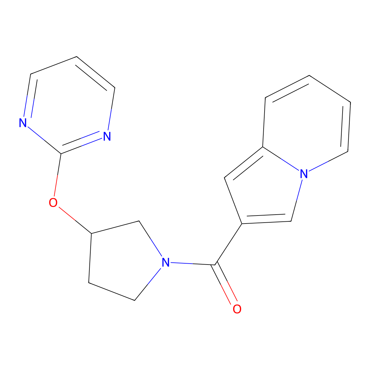 2-[3-(Pyrimidin-2-yloxy)pyrrolidine-1-carbonyl]indolizine molecular structure, CAS 2034251-12-0