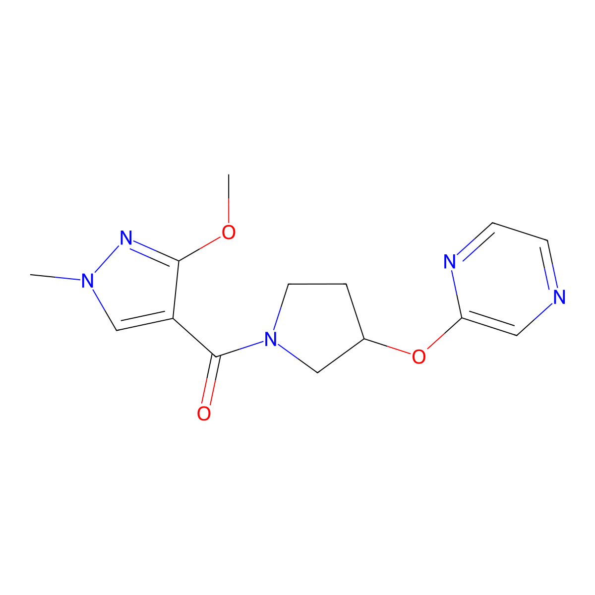 (3-methoxy-1-methyl-1H-pyrazol-4-yl)(3-(pyrazin-2-yloxy)pyrrolidin-1-yl)methanone molecular structure, CAS 2034251-17-5