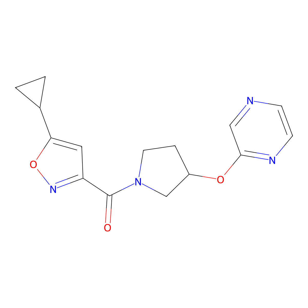 (5-Cyclopropylisoxazol-3-yl)(3-(pyrazin-2-yloxy)pyrrolidin-1-yl)methanone molecular structure, CAS 2034251-24-4