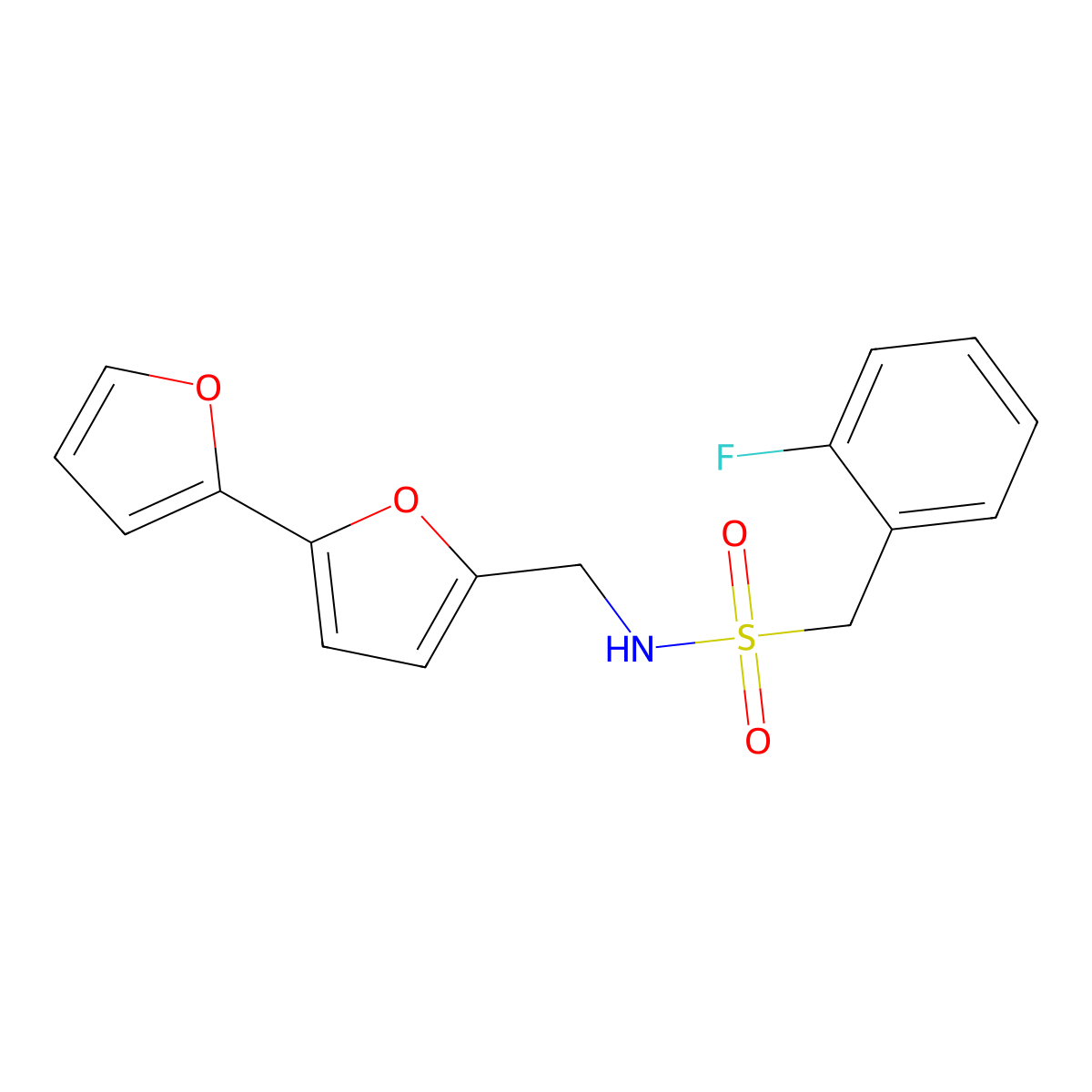 N-([2,2'-bifuran]-5-ylmethyl)-1-(2-fluorophenyl)methanesulfonamide molecular structure, CAS 2034251-26-6