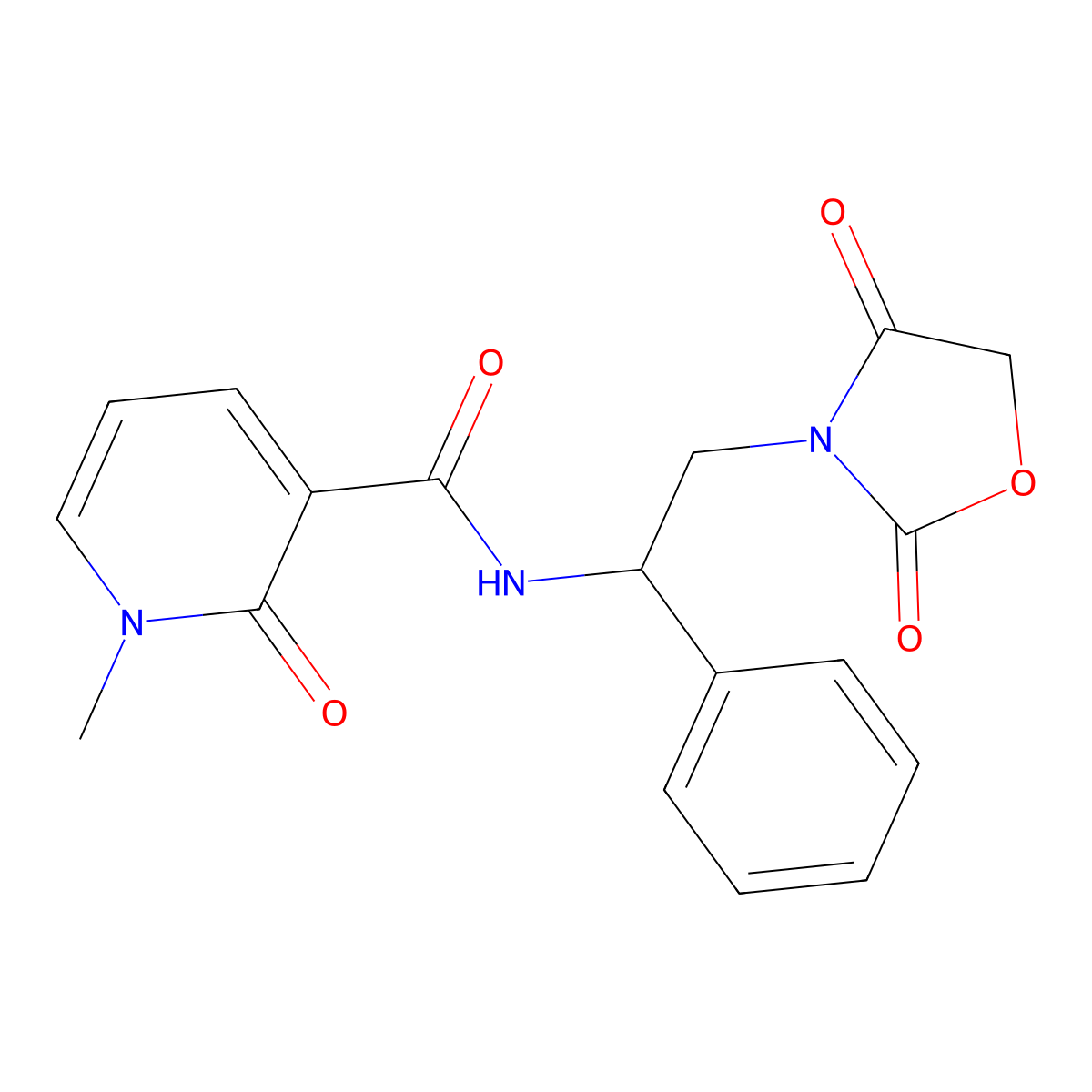 N-(2-(2,4-dioxooxazolidin-3-yl)-1-phenylethyl)-1-methyl-2-oxo-1,2-dihydropyridine-3-carboxamide molecular structure, CAS 2034251-31-3