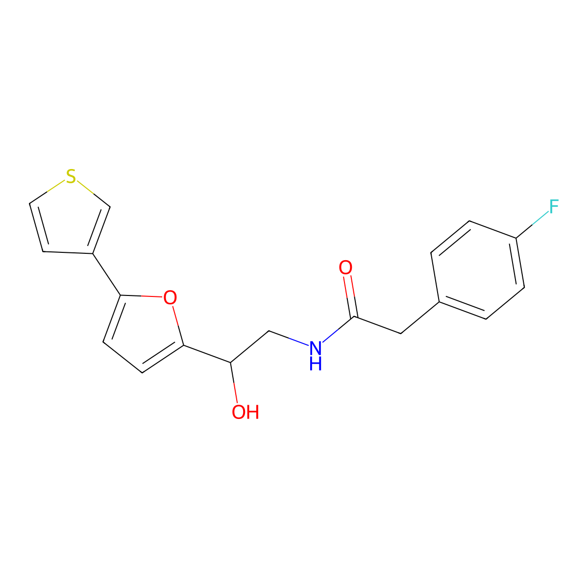 2-(4-fluorophenyl)-N-(2-hydroxy-2-(5-(thiophen-3-yl)furan-2-yl)ethyl)acetamide molecular structure, CAS 2034251-54-0
