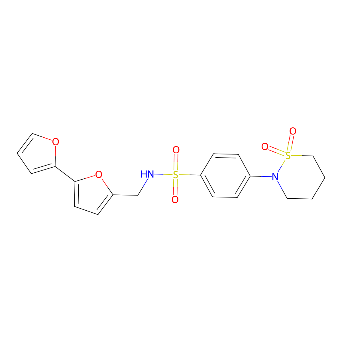 N-({[2,2'-bifuran]-5-yl}methyl)-4-(1,1-dioxo-1lambda6,2-thiazinan-2-yl)benzene-1-sulfonamide molecular structure, CAS 2034251-59-5