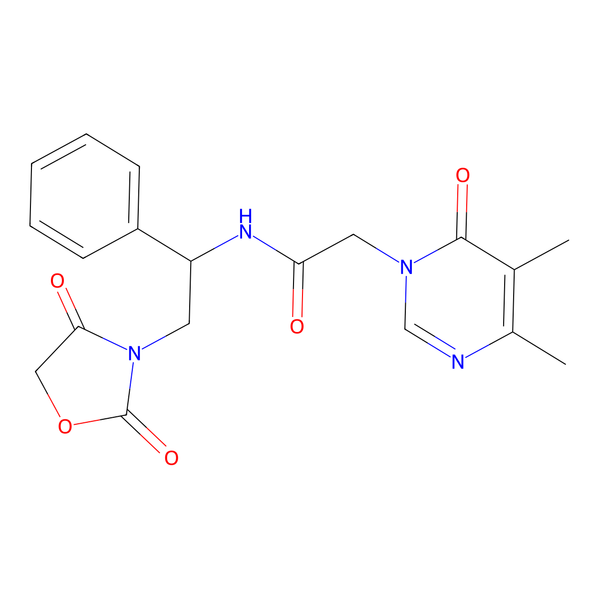 2-(4,5-dimethyl-6-oxopyrimidin-1(6H)-yl)-N-(2-(2,4-dioxooxazolidin-3-yl)-1-phenylethyl)acetamide molecular structure, CAS 2034251-66-4