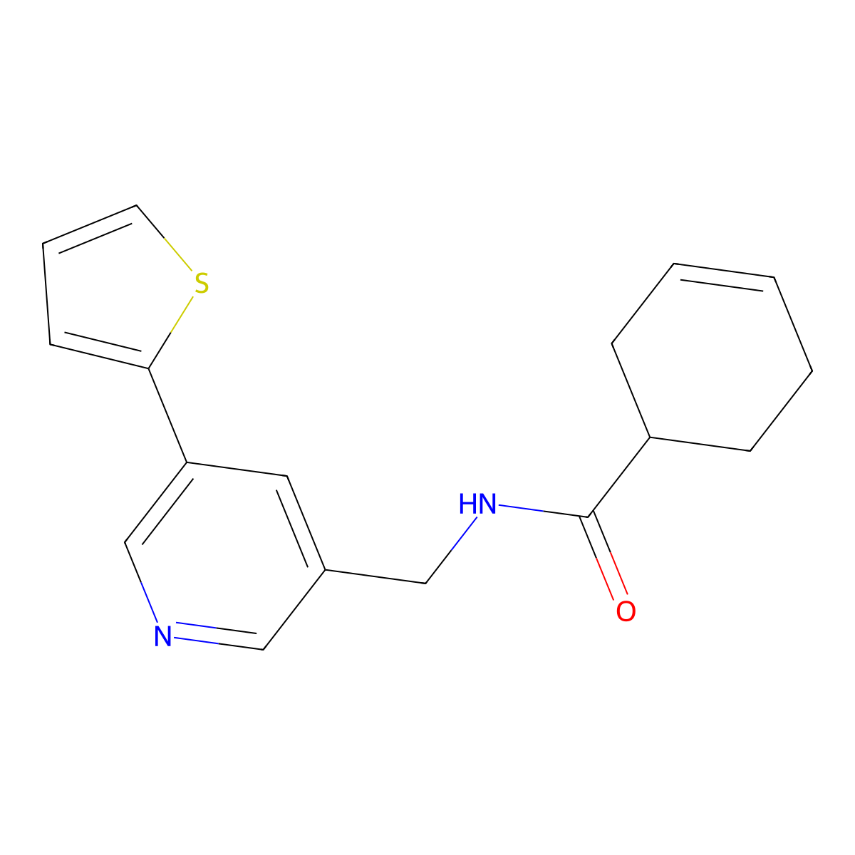 N-((5-(thiophen-2-yl)pyridin-3-yl)methyl)cyclohex-3-enecarboxamide molecular structure, CAS 2034251-75-5