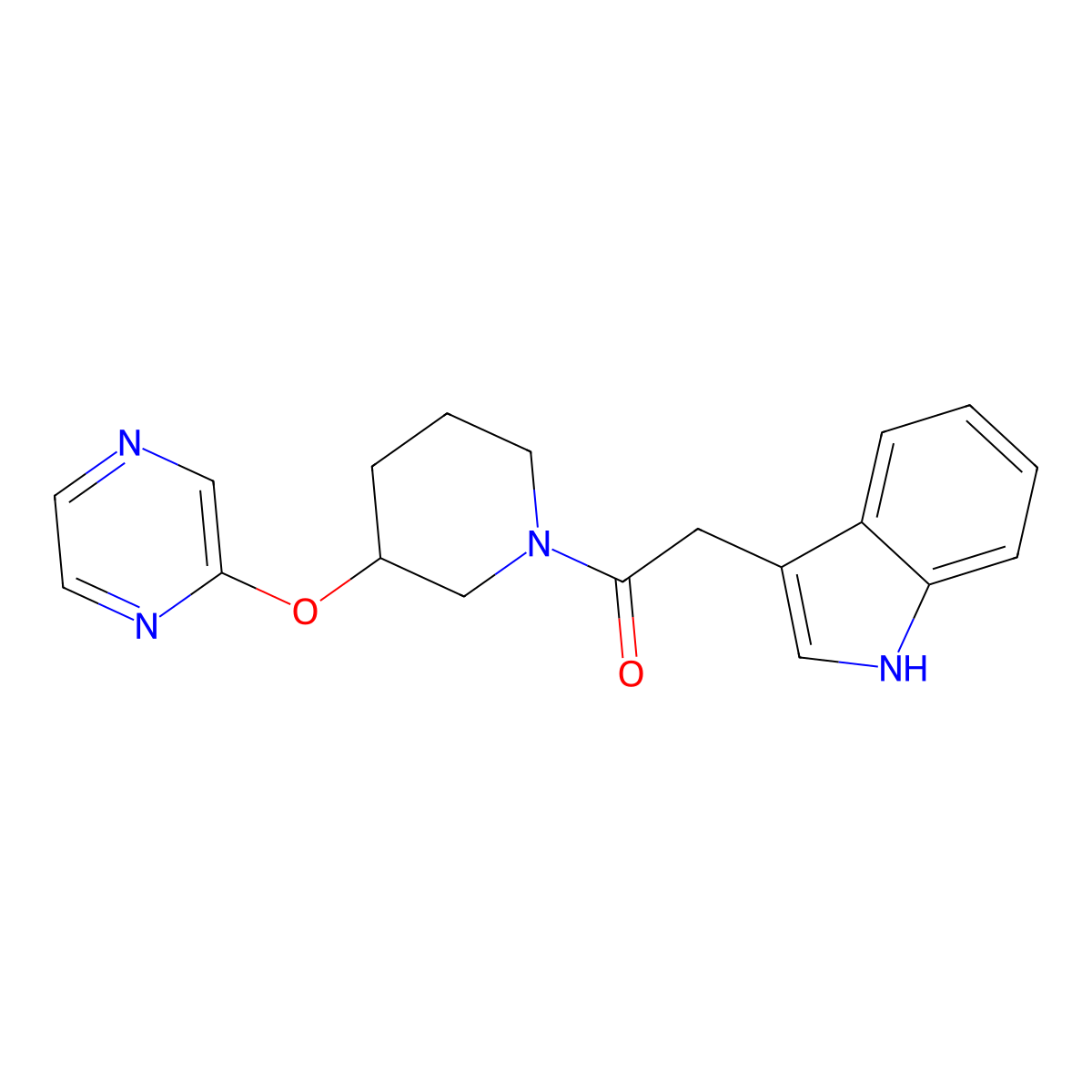 2-(1H-indol-3-yl)-1-(3-(pyrazin-2-yloxy)piperidin-1-yl)ethanone molecular structure, CAS 2034251-86-8