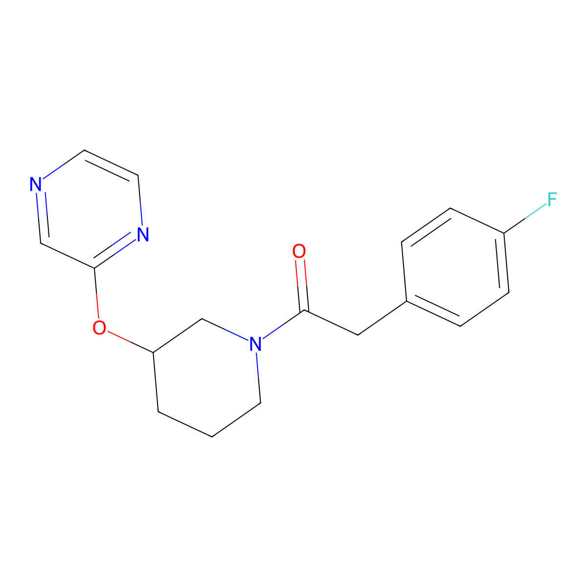 2-(4-Fluorophenyl)-1-(3-(pyrazin-2-yloxy)piperidin-1-yl)ethanone molecular structure, CAS 2034251-96-0