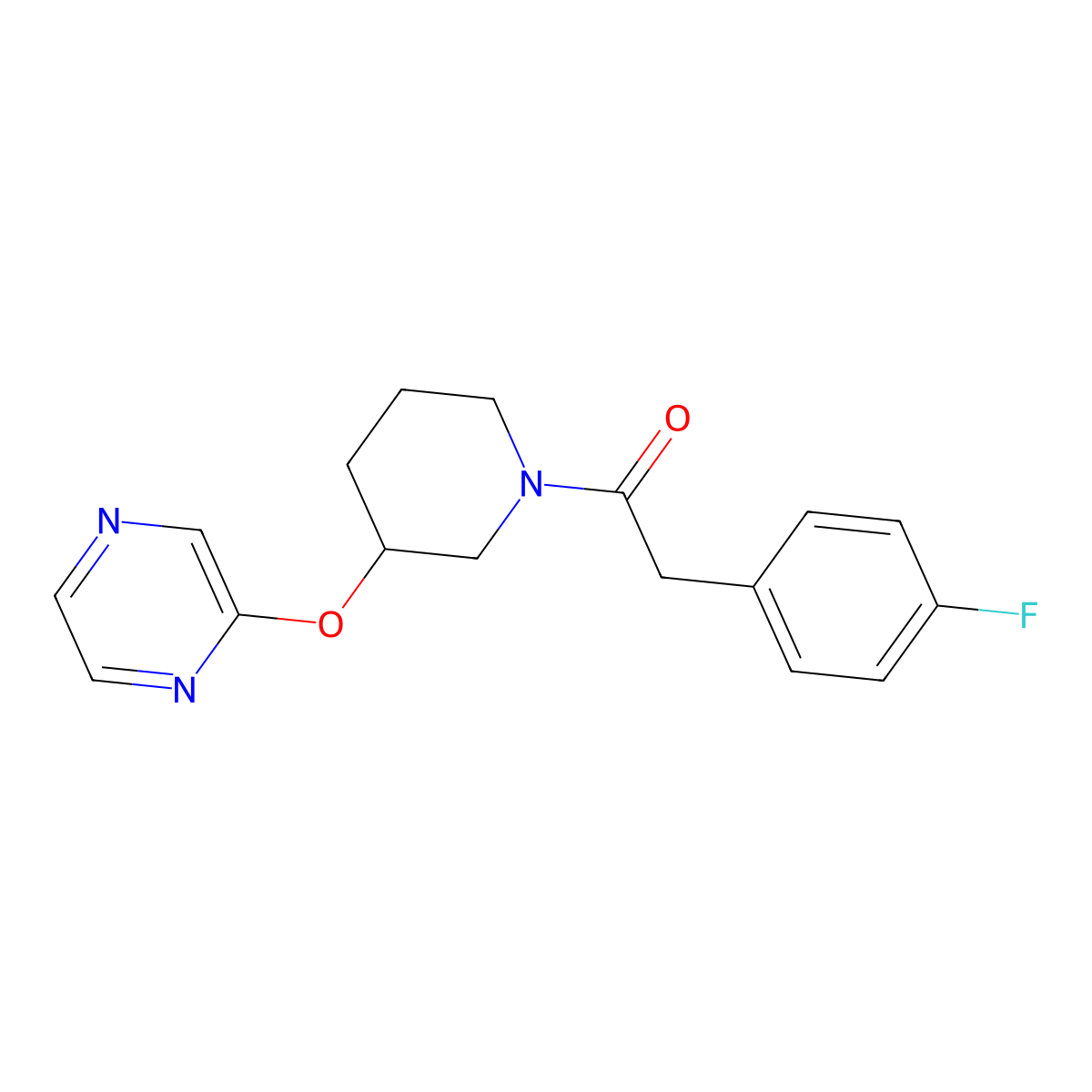 2-(4-Fluorophenyl)-1-(3-(pyrazin-2-yloxy)piperidin-1-yl)ethanone molecular structure, CAS 2034251-96-0